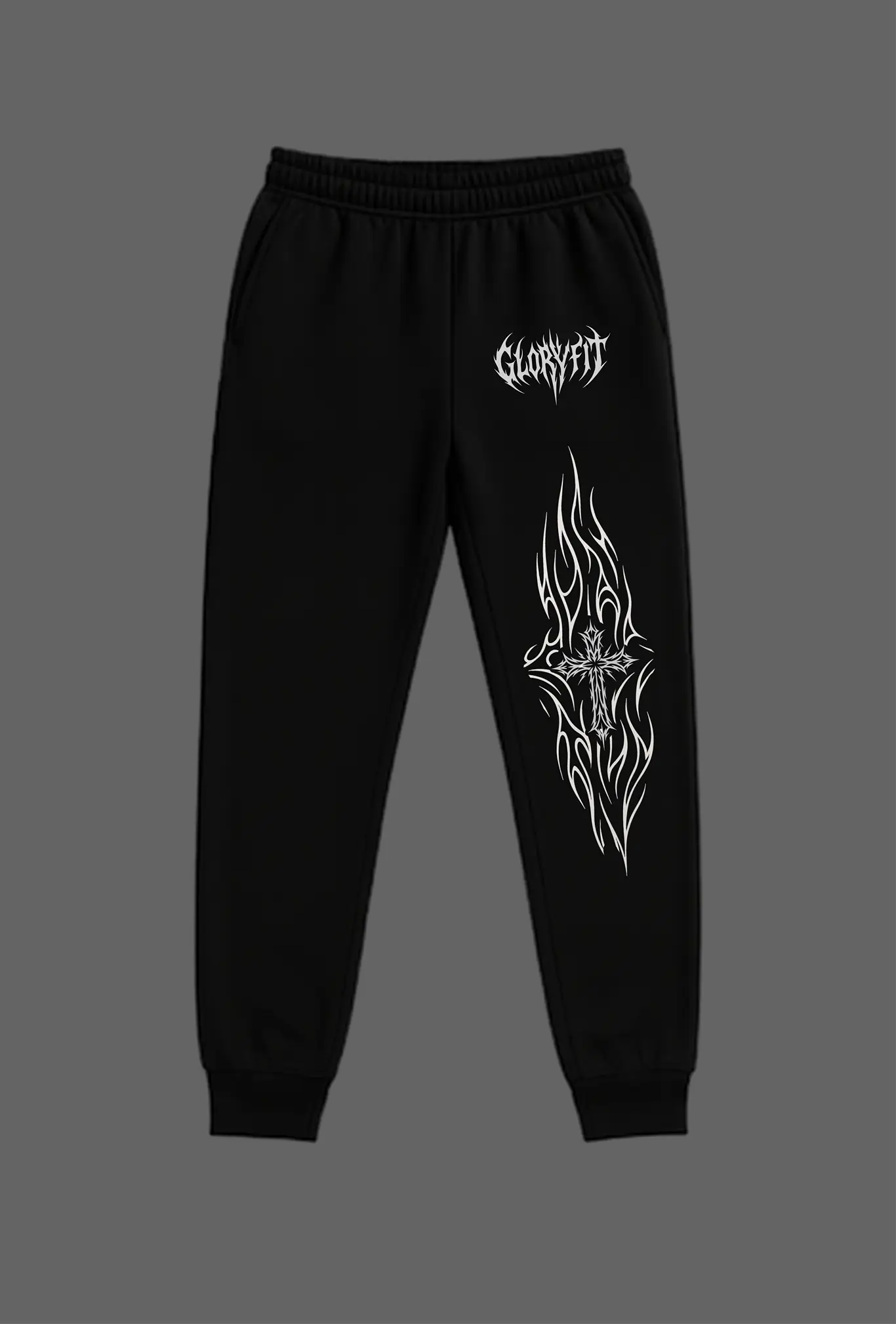 Calça moletom GLORYFIT preta com estampa tribal Crux na perna