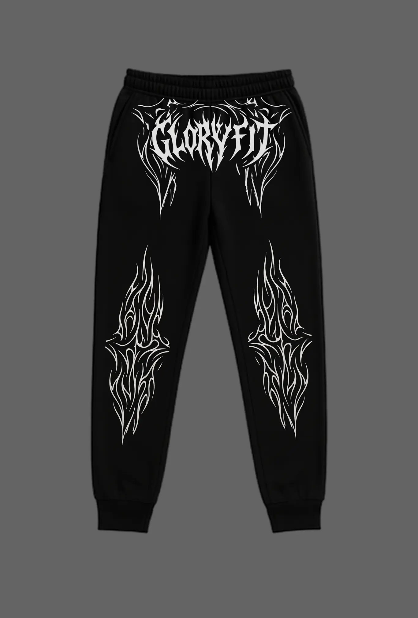Calça moletom GLORYFIT preta com estampa tribal nas pernas