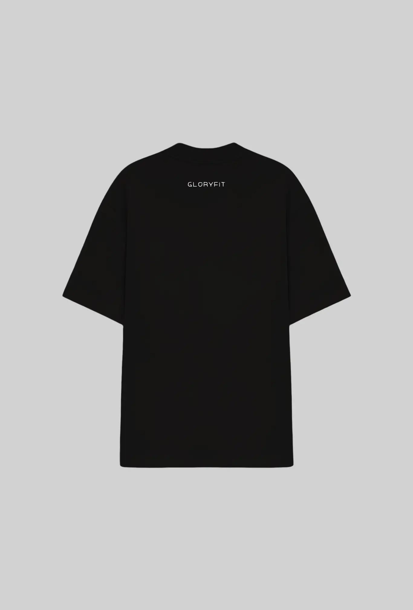 Camiseta oversized GLORYFIT preta vista traseira em mockup com fundo cinza