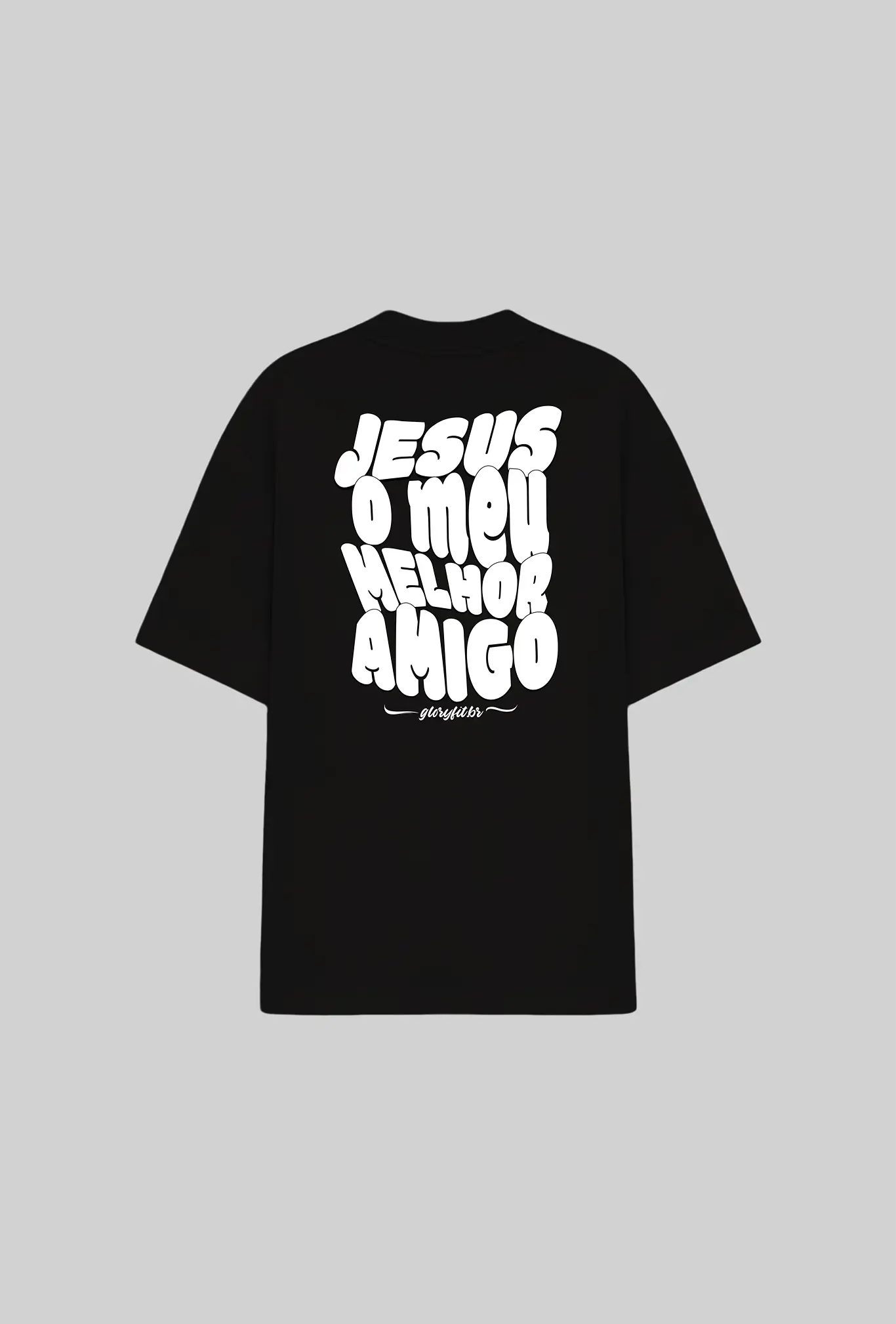 Camiseta oversized Jesus’s Friend GLORYFIT preta vista traseira em mockup com fundo cinza