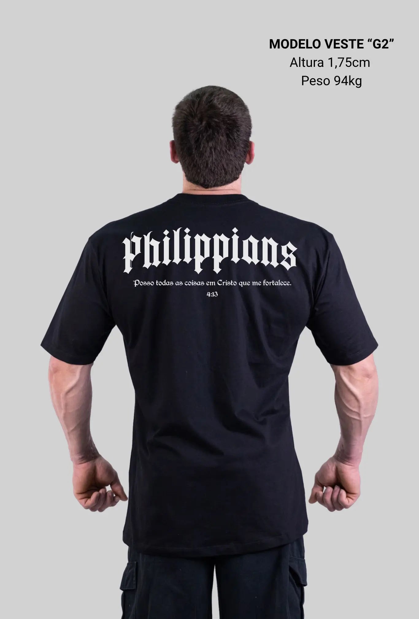 Camiseta oversized Philippians GLORYFIT preta vista traseira com fundo cinza