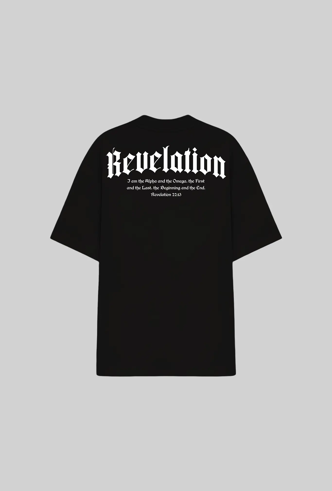 Camiseta oversized Revelation GLORYFIT preta vista traseira com fundo cinza