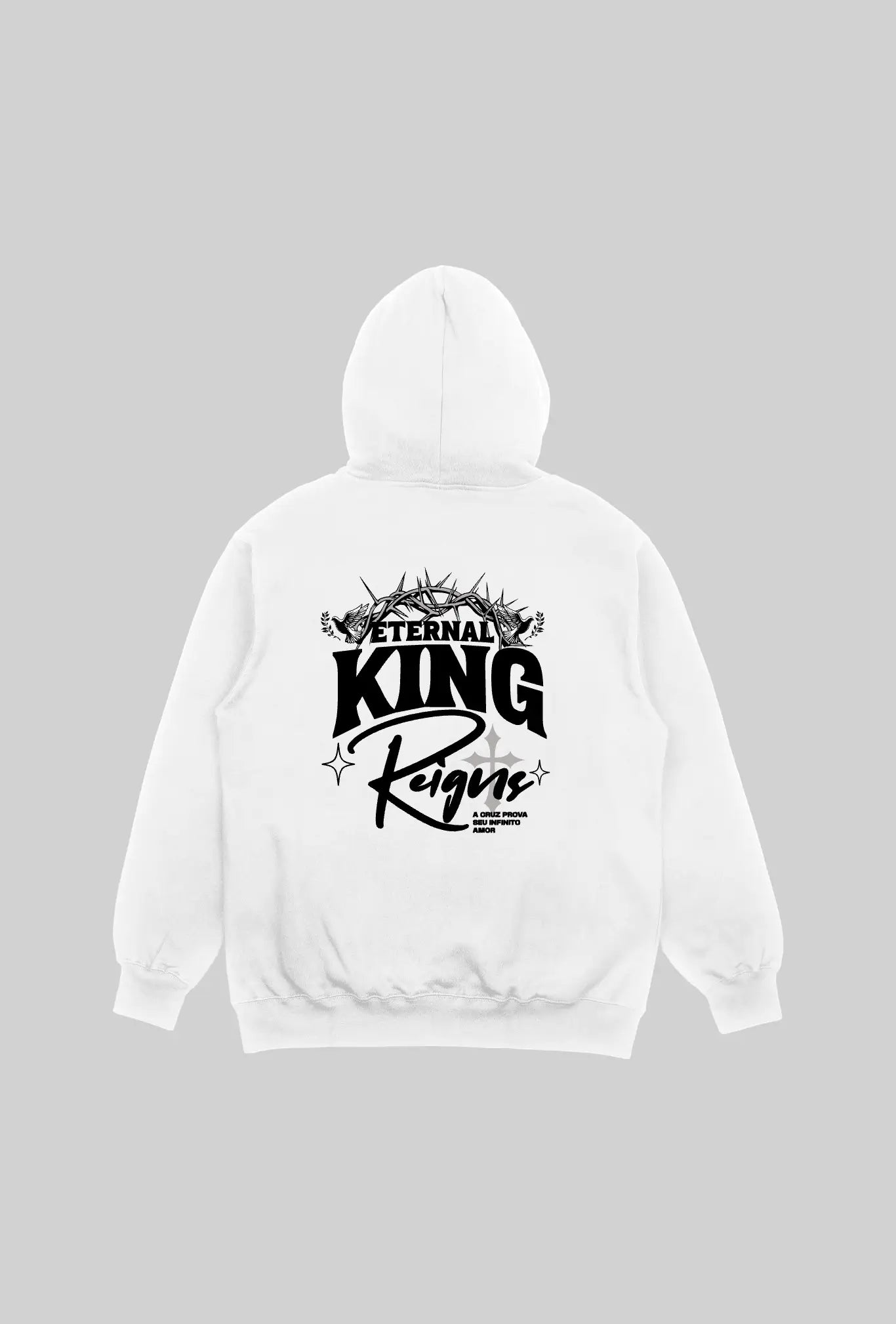 Mockup do moletom branco Eternal King GLORYFIT visto pelas costas