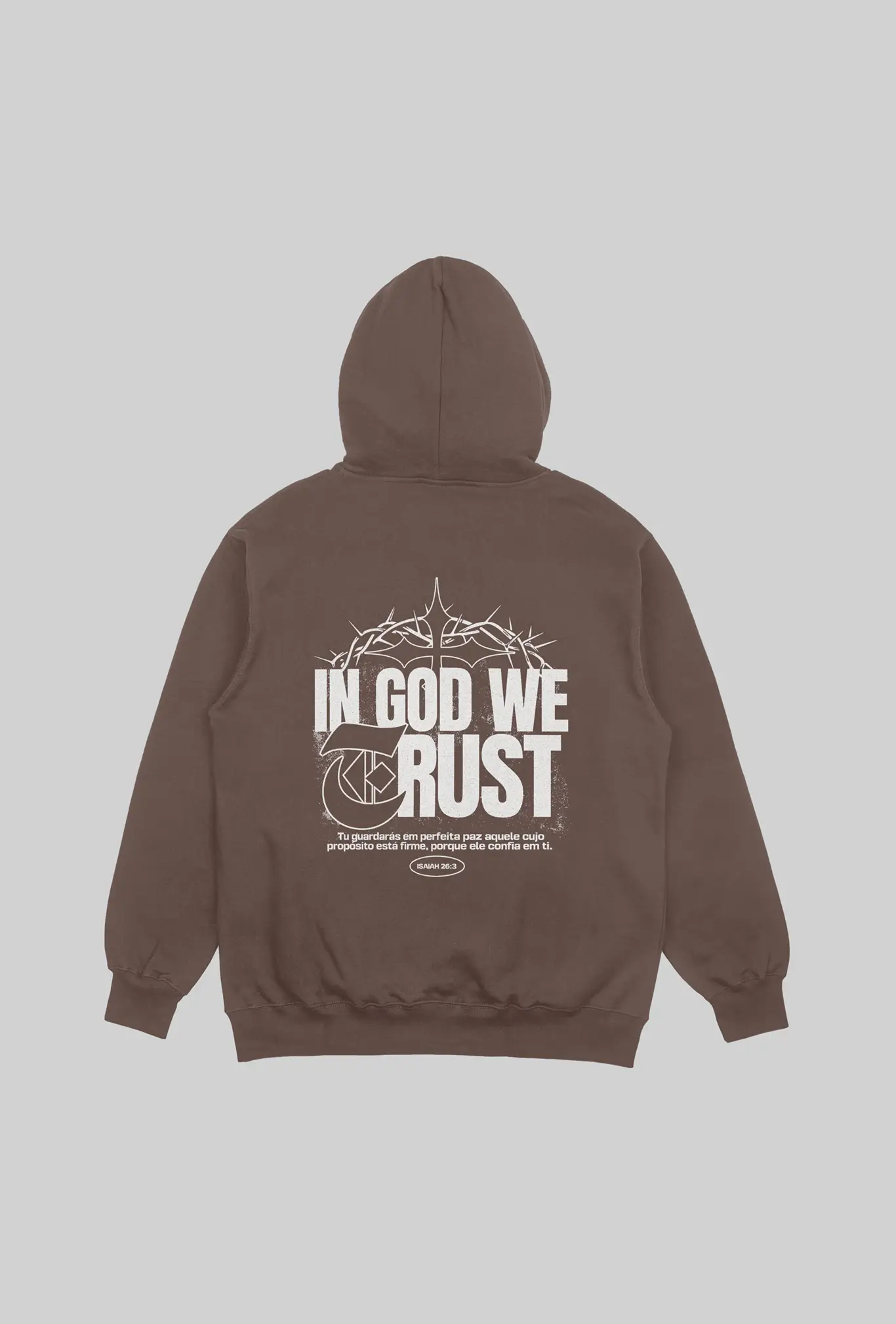 Mockup do moletom marrom In God We Trust GLORYFIT visto pelas costas