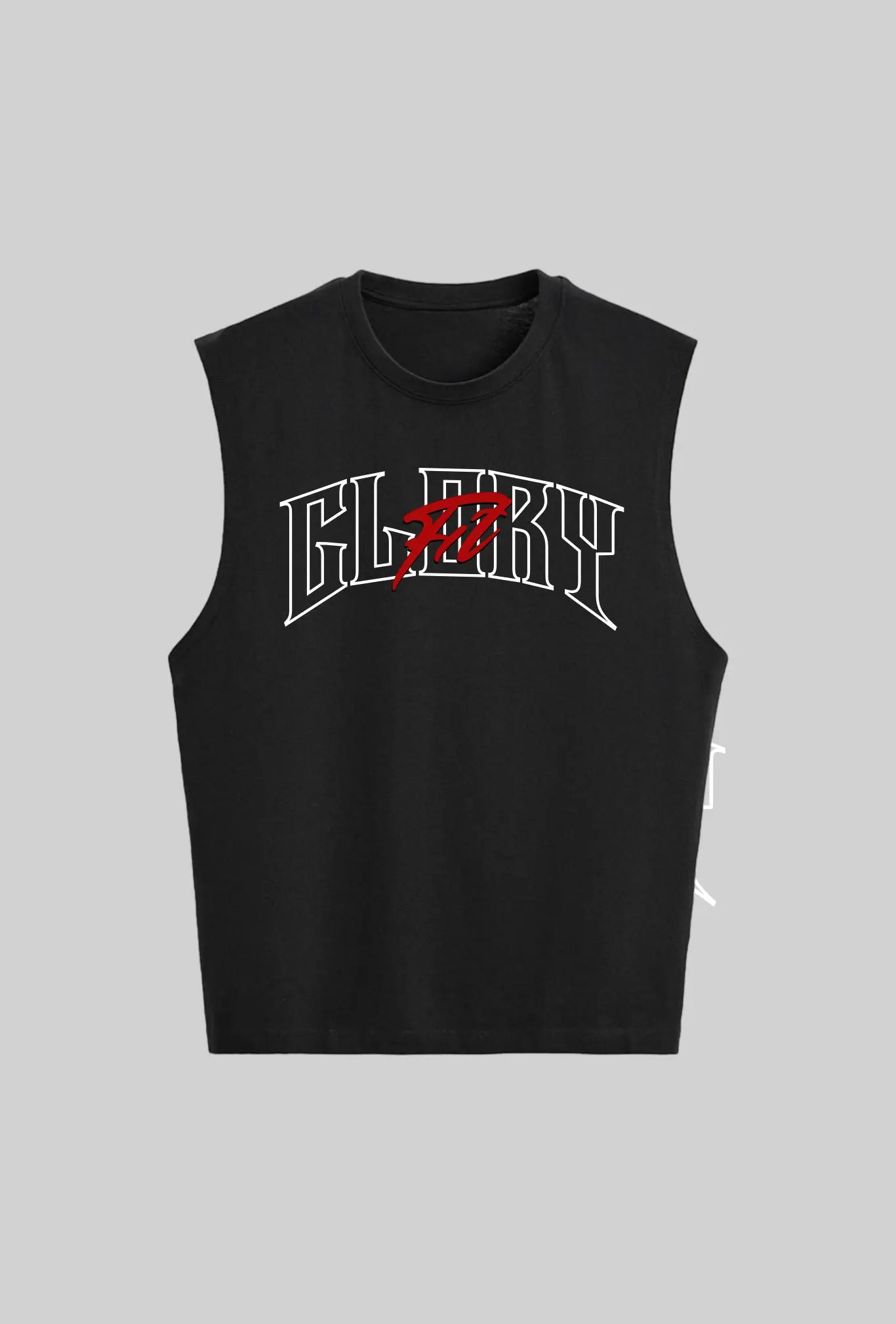 Regata Machão GLORYFIT preta vista pela frente com logo grande