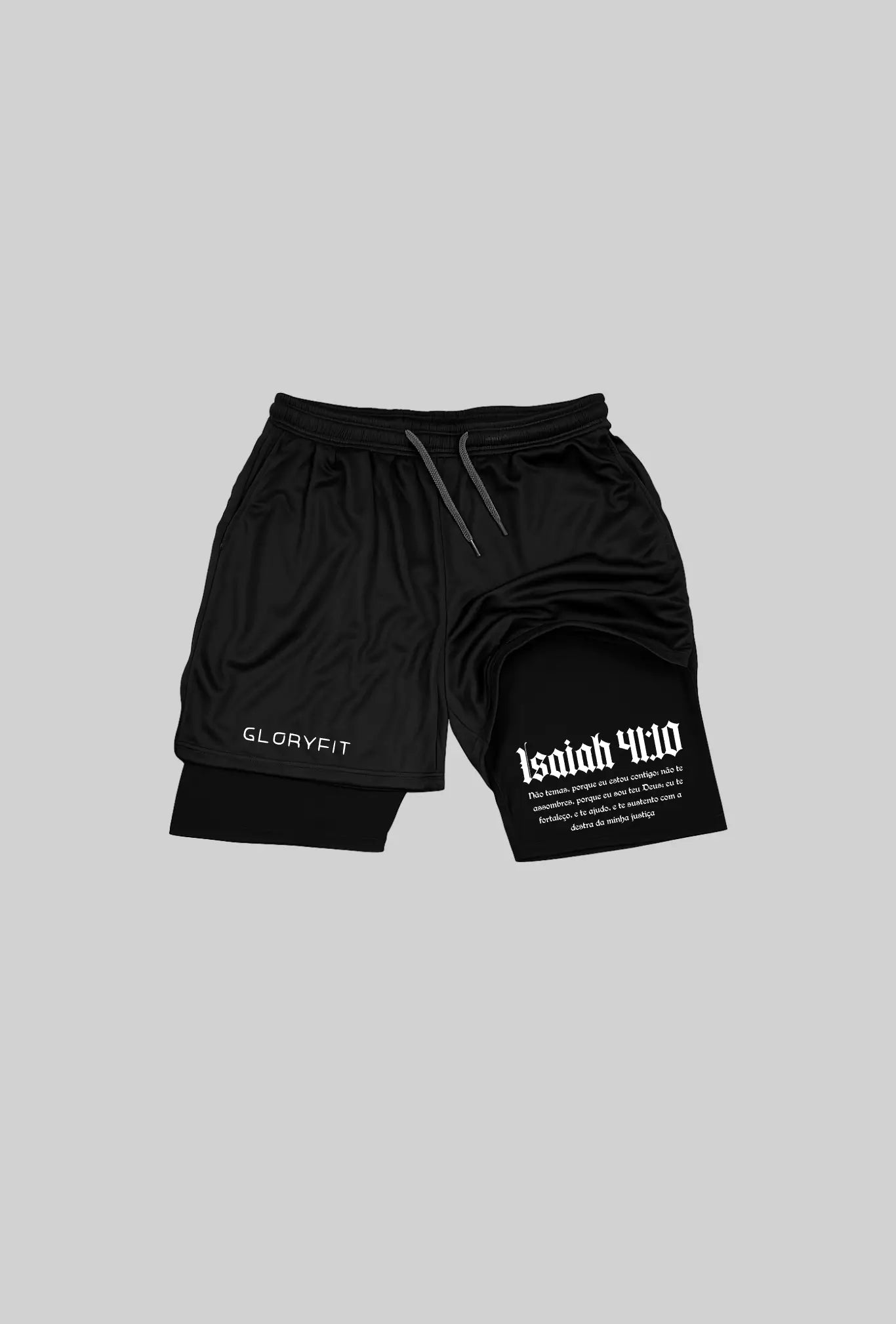 Shorts 2 em 1 GLORYFIT Isaiah 41:10 vista frontal no mockup