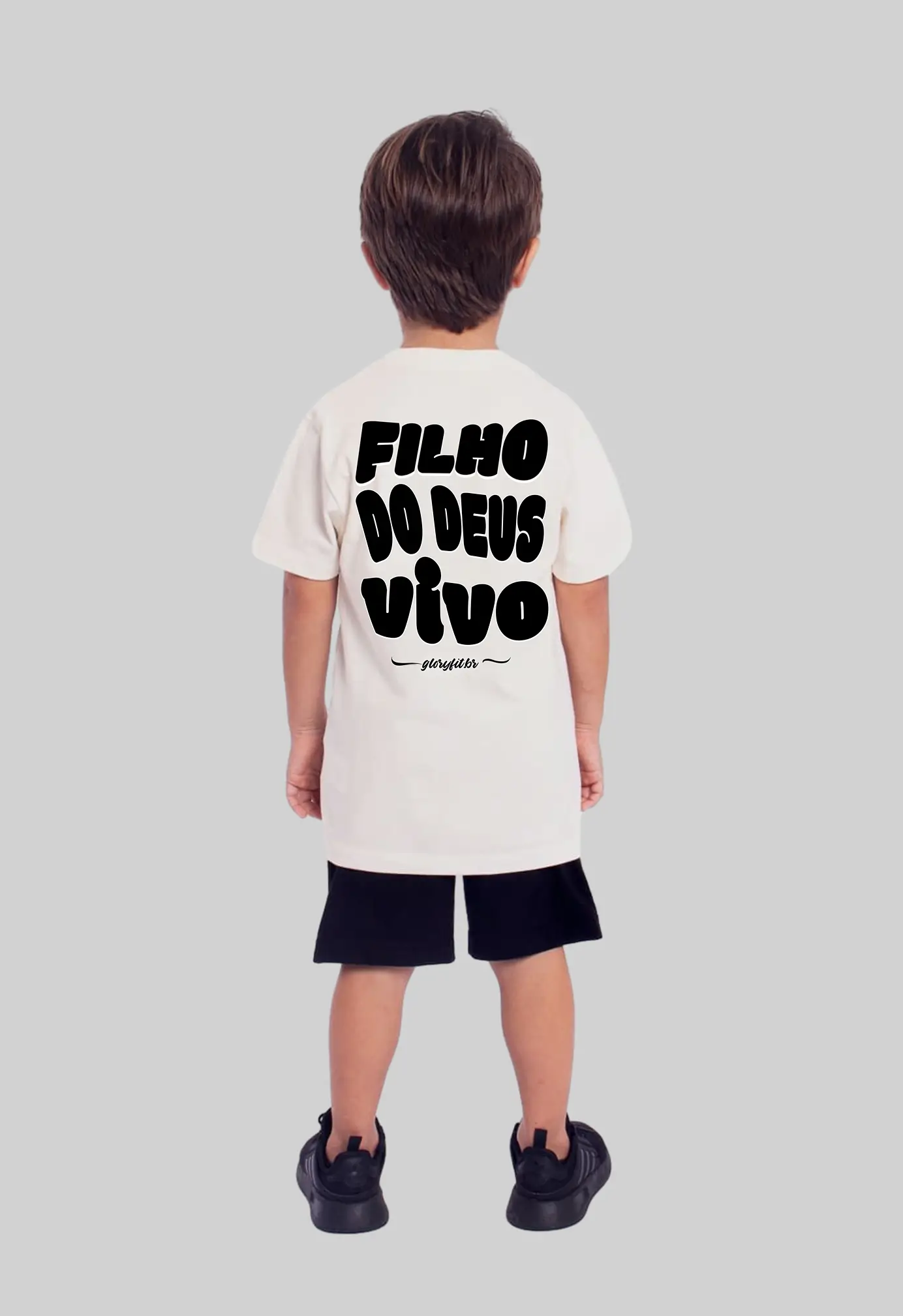 Camiseta infantil Filho do Deus Vivo branca vista pelas costas