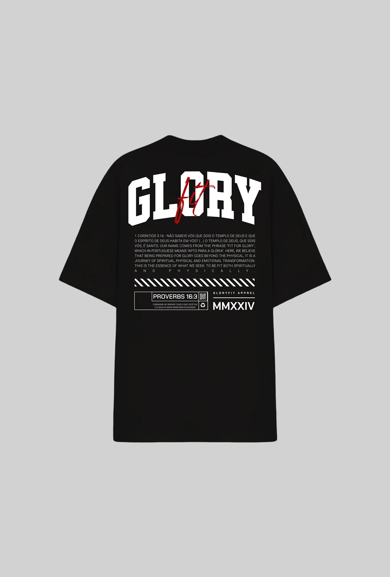 Camiseta oversized 1 Coríntios GLORYFIT preta vista traseira em mockup com fundo cinza