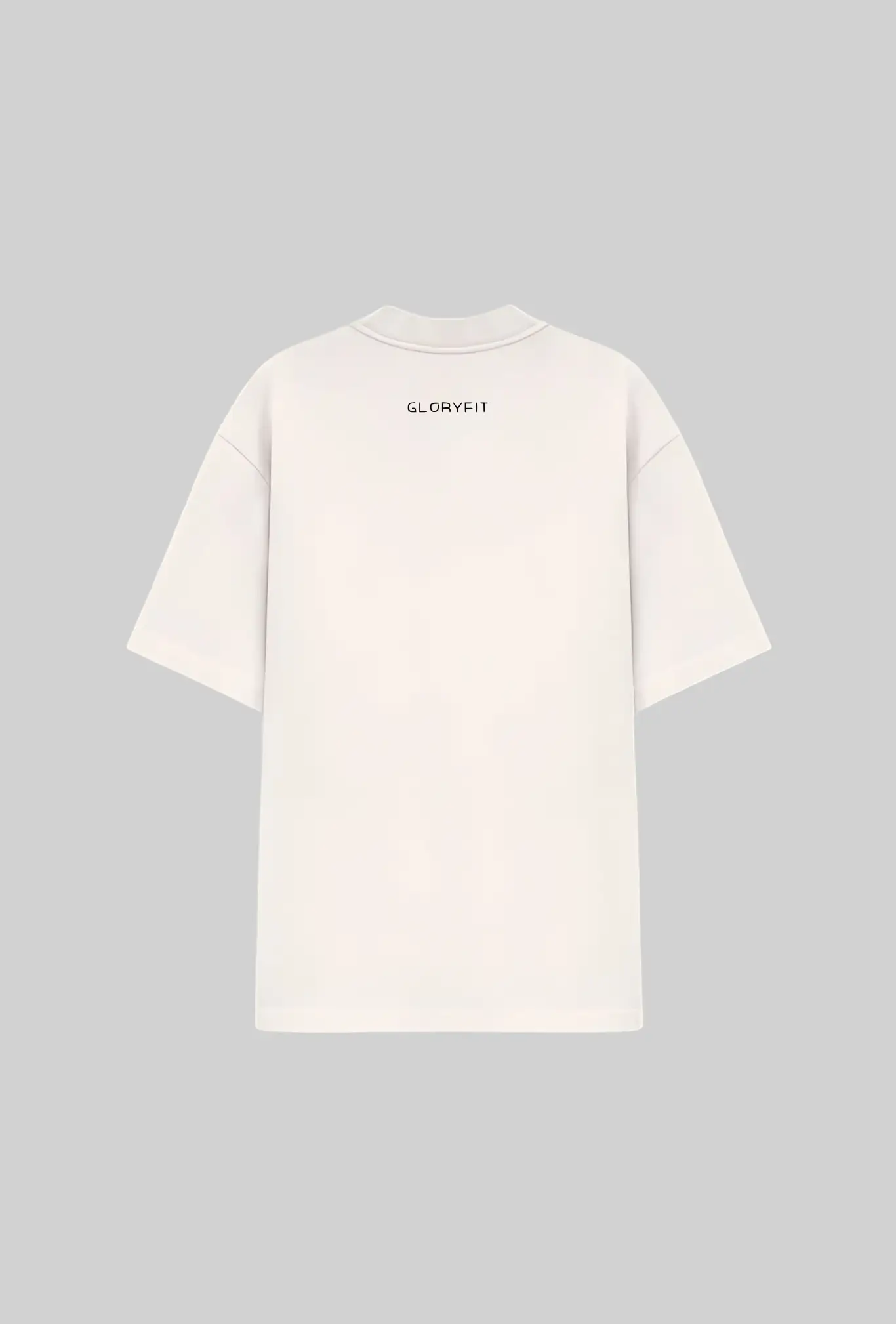 Camiseta oversized GLORYFIT off white vista traseira com fundo cinza