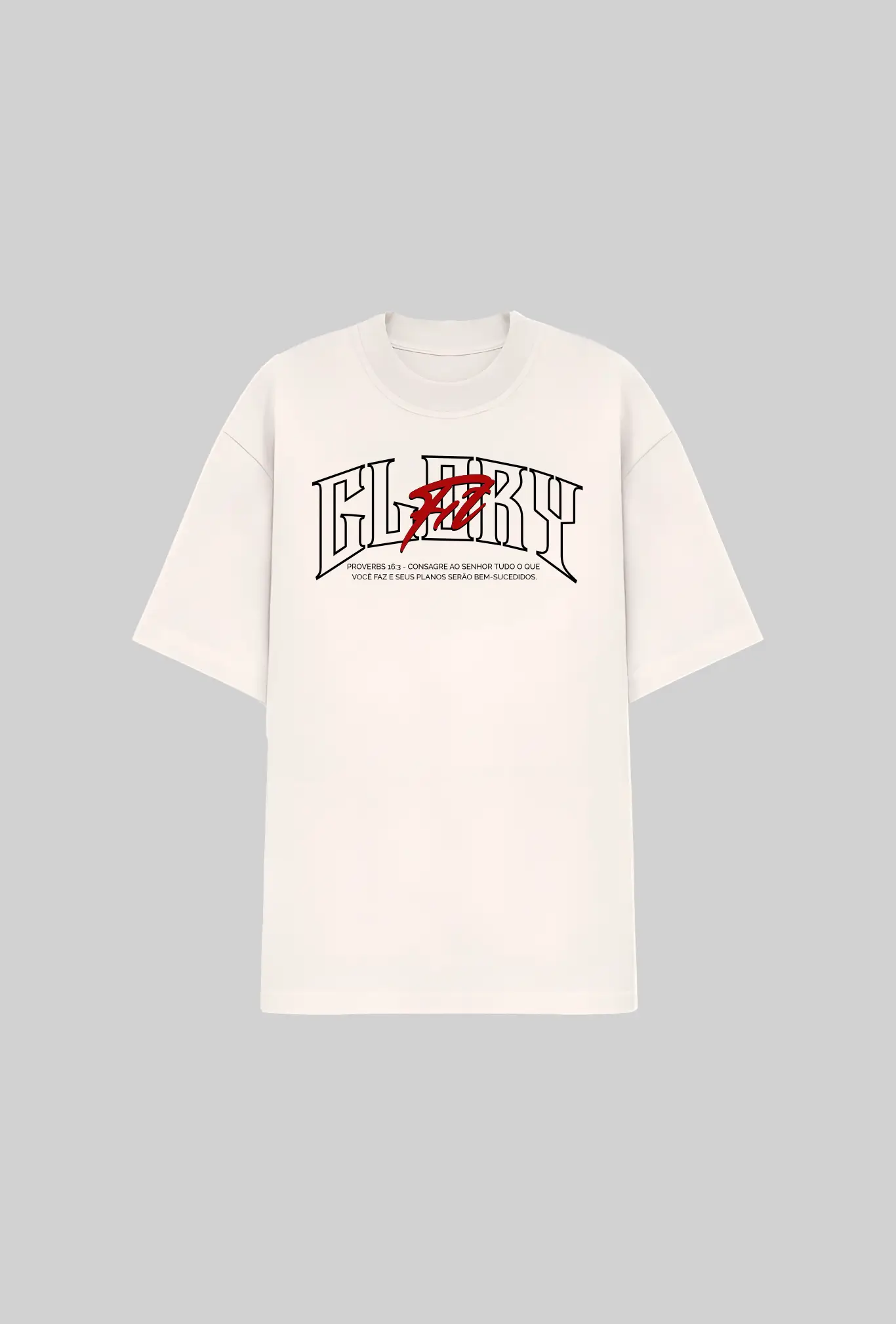 Camiseta oversized GLORYFIT off white vista frontal com fundo cinza