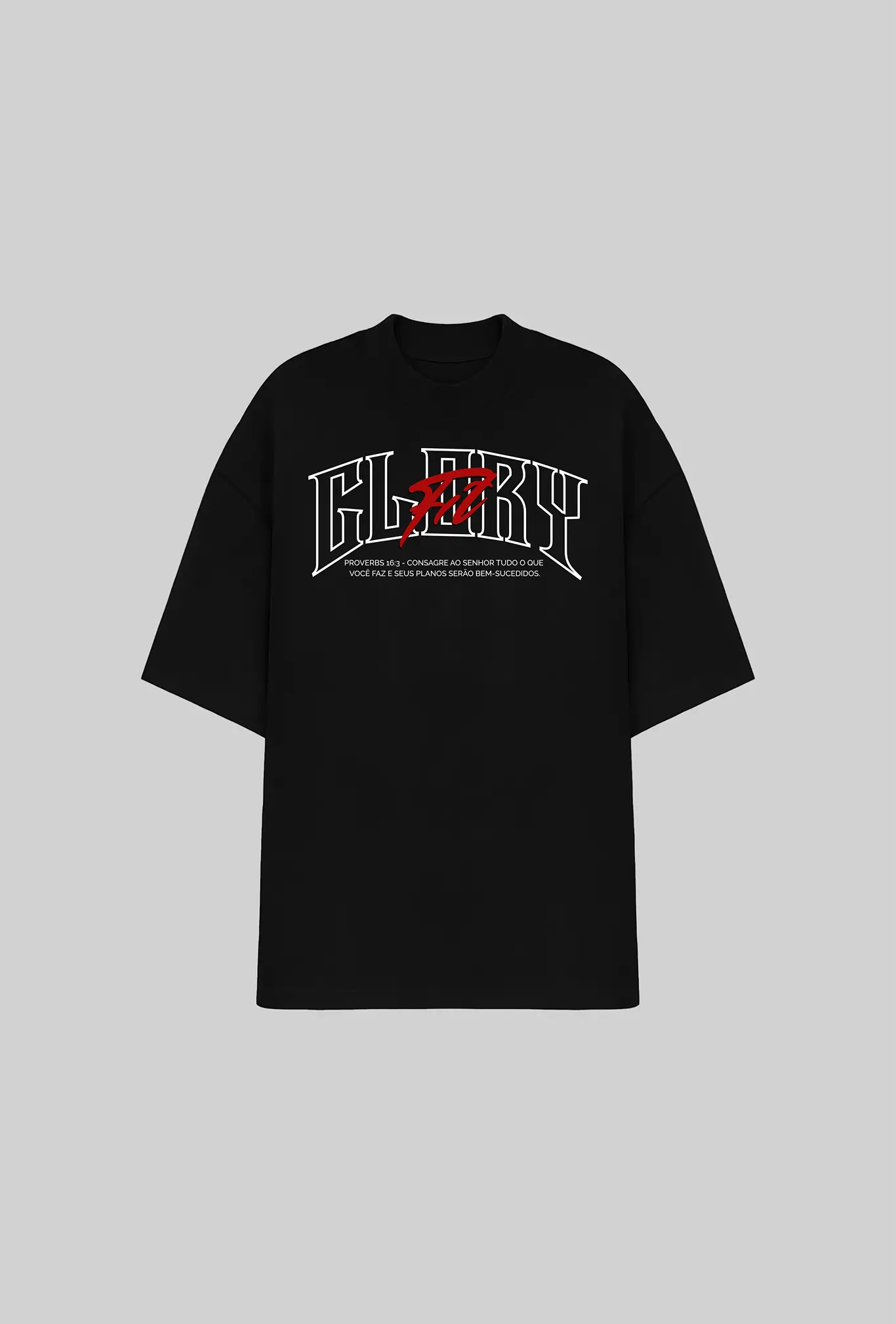 Camiseta oversized GLORYFIT preta vista frontal em mockup com fundo cinza