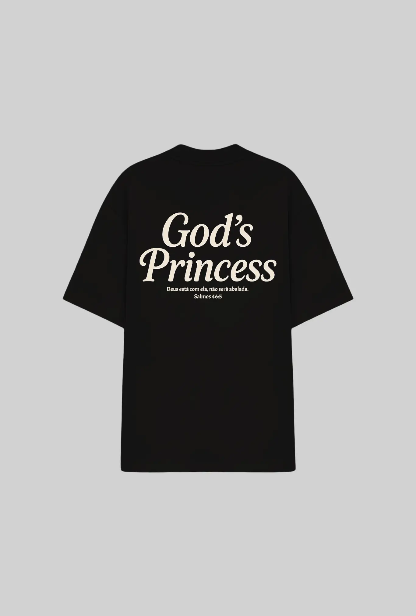 Camiseta oversized God’s Princess GLORYFIT preta vista traseira com fundo cinza