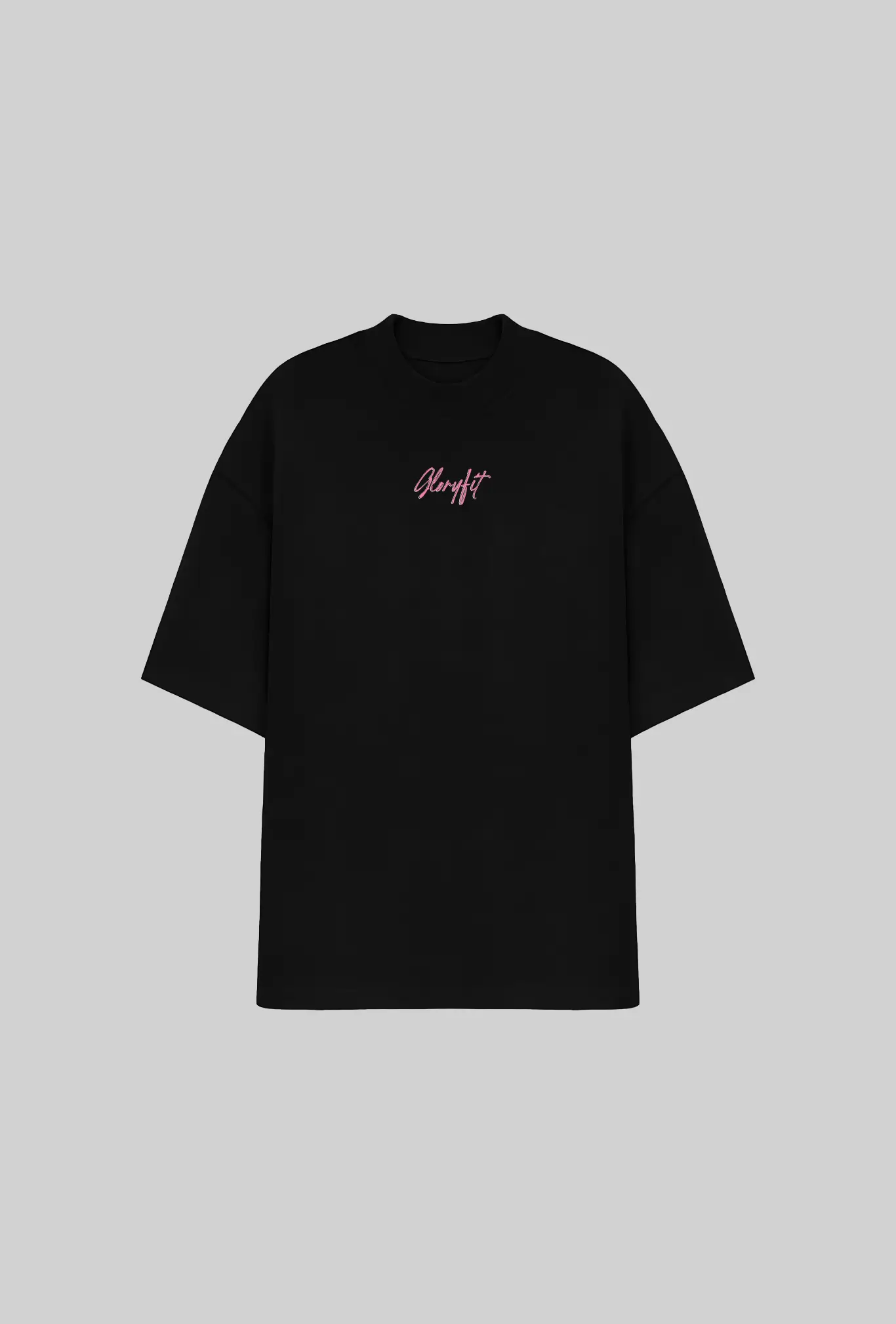 Camiseta oversized God’s Princess GLORYFIT preta vista frontal em mockup com fundo cinza