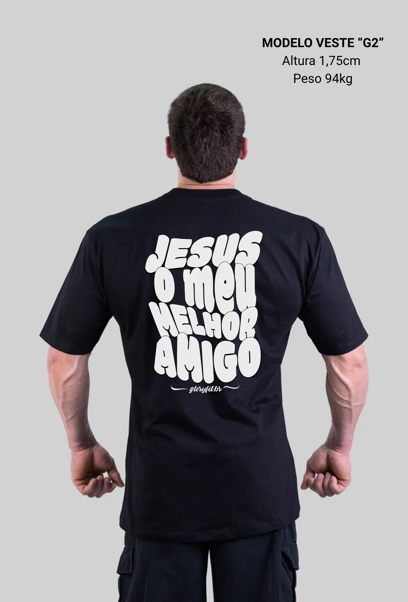 Camiseta oversized Jesus’s Friend GLORYFIT preta vista traseira com fundo cinza