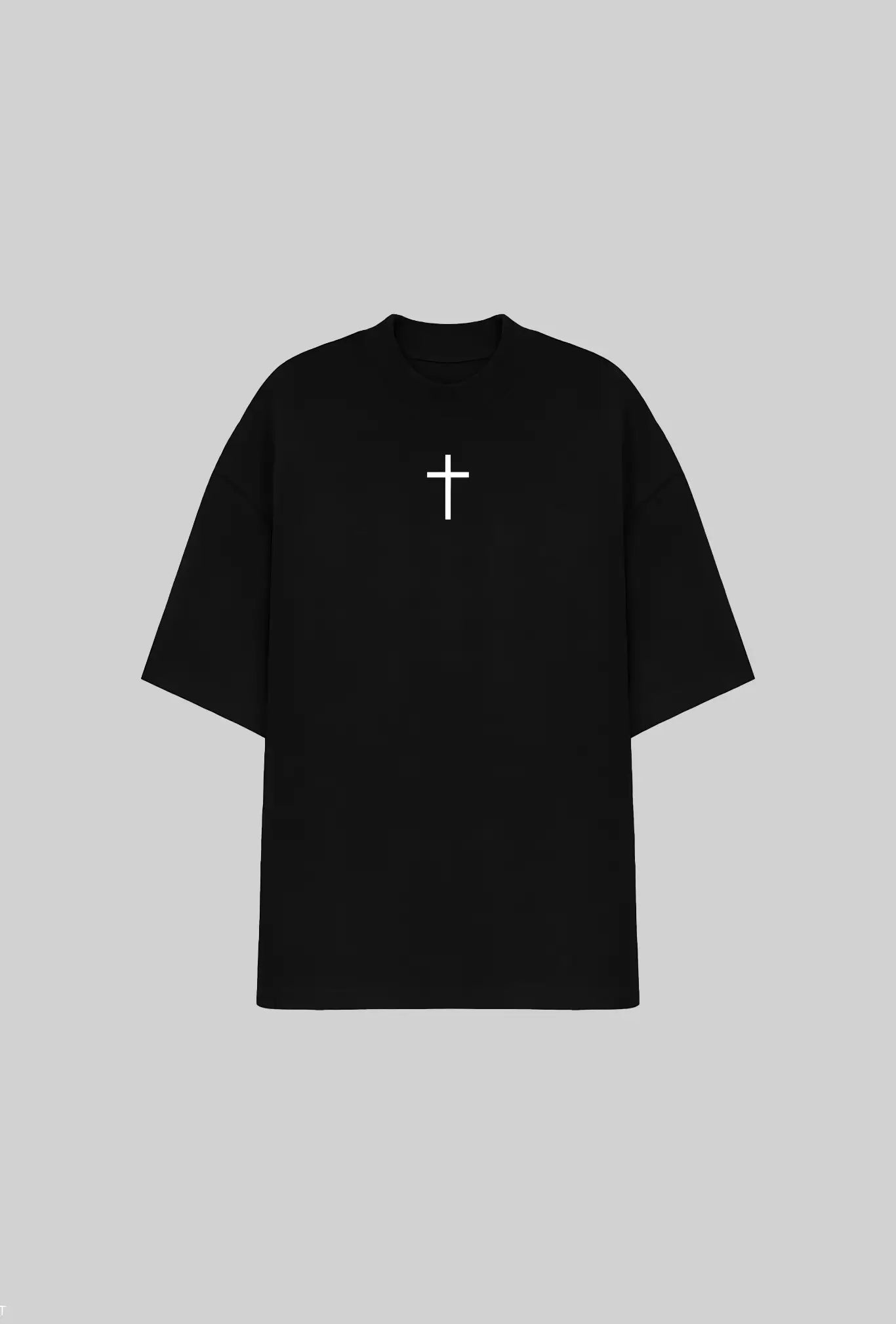 Camiseta oversized Jesus’s Friend GLORYFIT preta vista frontal em mockup com fundo cinza