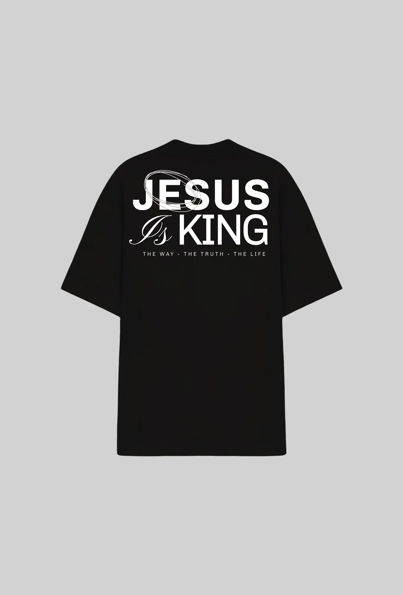 Camiseta oversized Jesus Is King 2 GLORYFIT preta mockup vista traseira