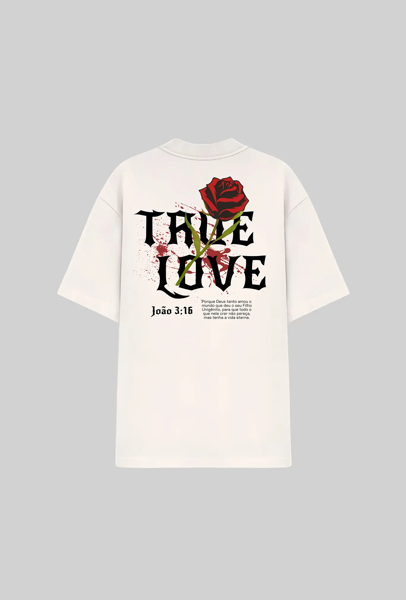 Camiseta oversized True Love GLORYFIT off white vista das costas com fundo cinza