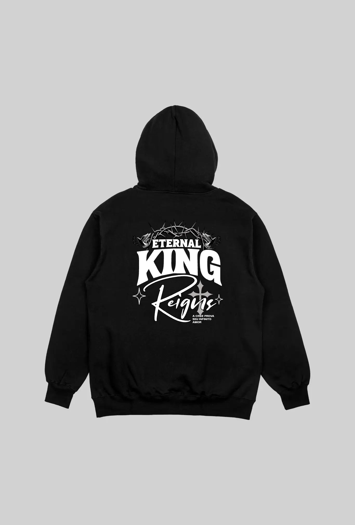 Mockup do moletom preto Eternal King GLORYFIT visto pelas costas