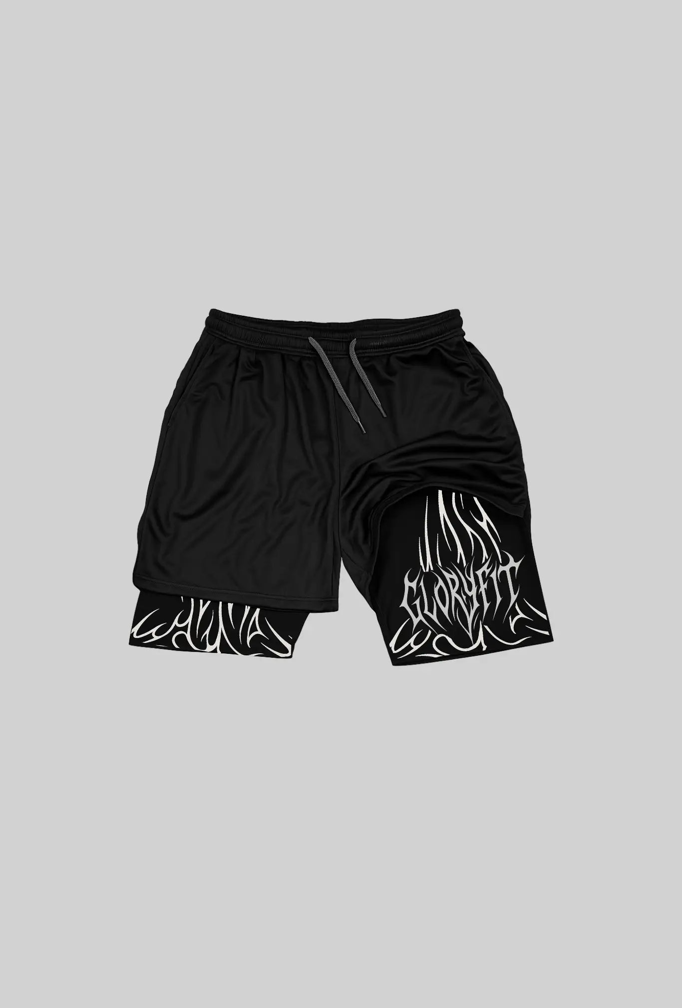 Shorts 2 em 1 GLORYFIT preto com estampa tribal nas laterais