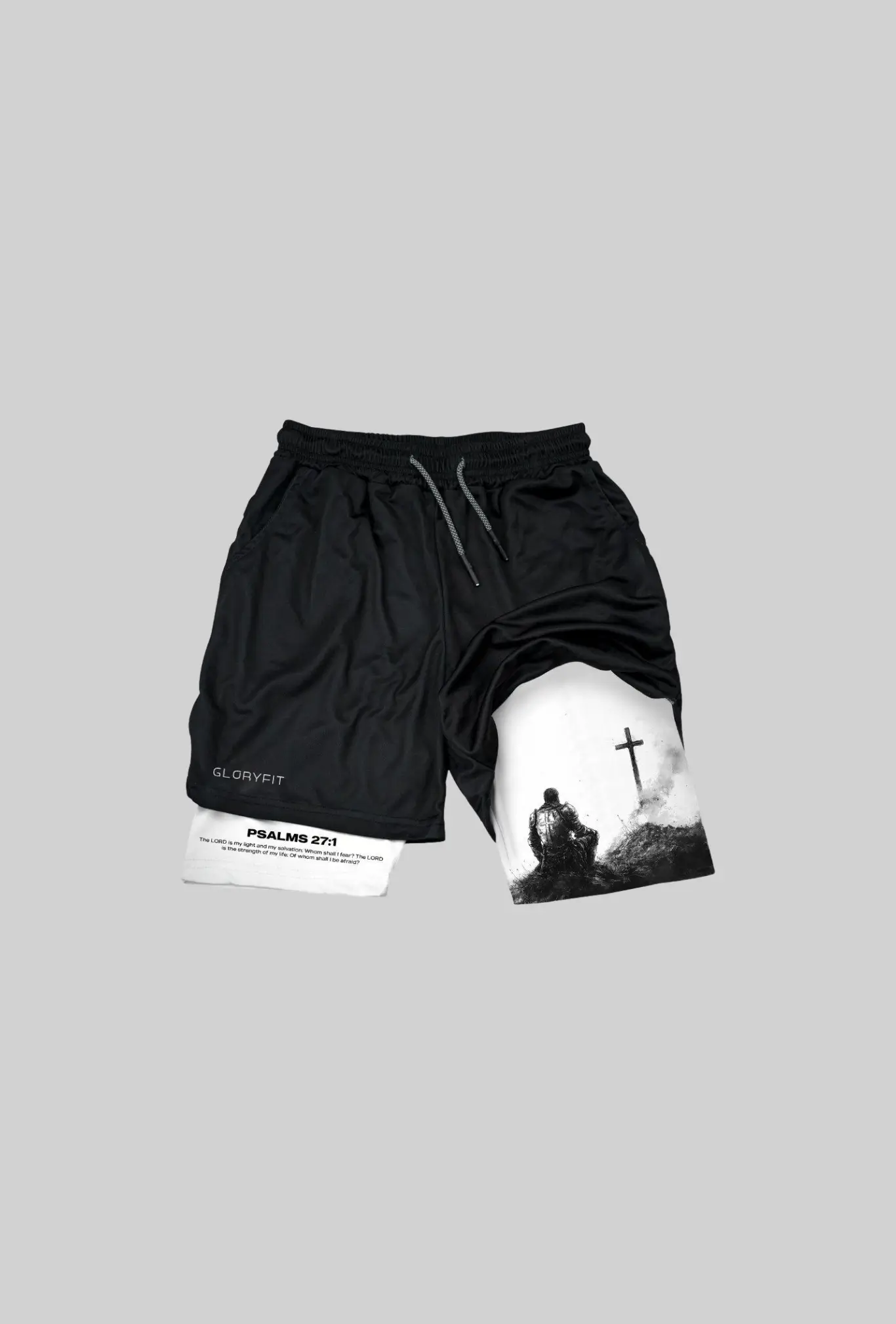 Shorts 2 em 1 GLORYFIT Salmos 27:1 vista frontal no mockup